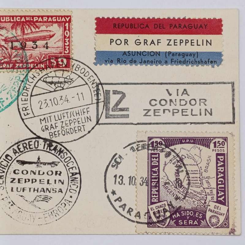 Attractive Zeppelin card with 1934 Paraguayan Franking - 3 paraguay stamps Graf zeppelin stamp