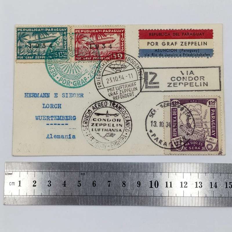 Attractive Zeppelin card with 1934 Paraguayan Franking - 3 paraguay stamps Graf zeppelin stamp