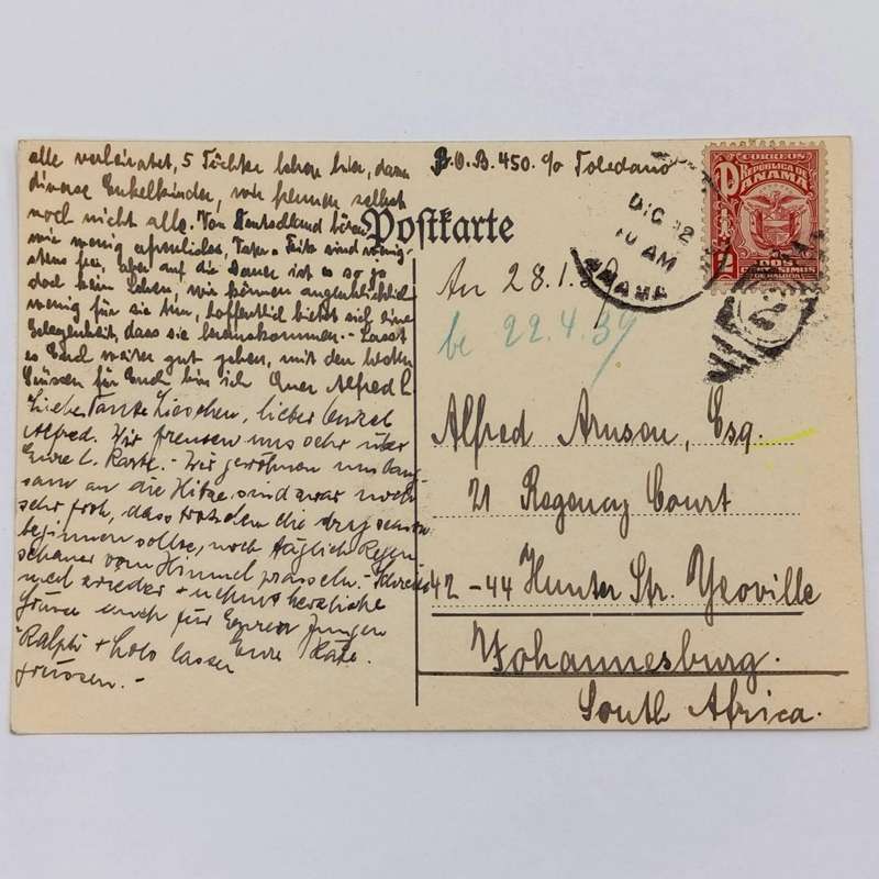 1938 postcard sent from Panama to Johannesburg, South Africa with Panama 2c stamp