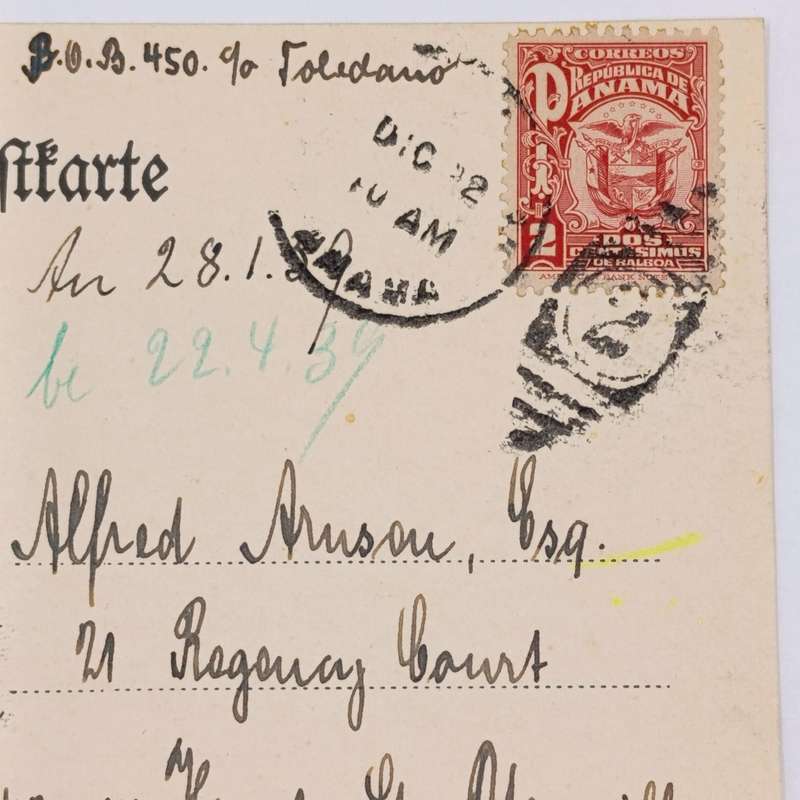 1938 postcard sent from Panama to Johannesburg, South Africa with Panama 2c stamp