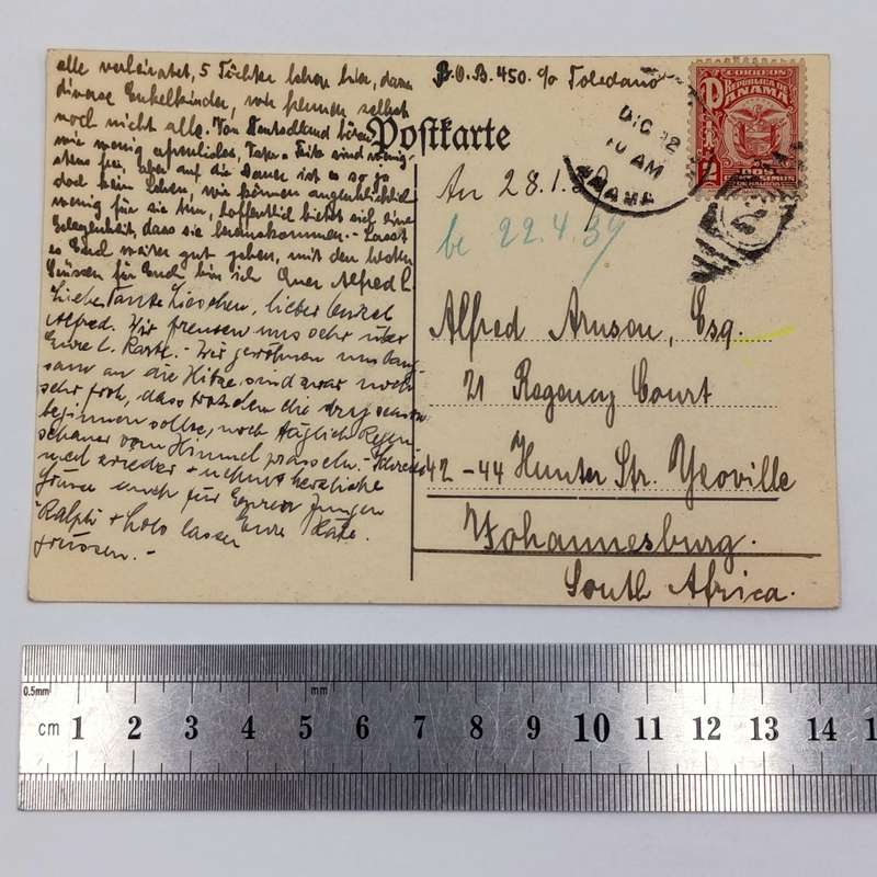 1938 postcard sent from Panama to Johannesburg, South Africa with Panama 2c stamp