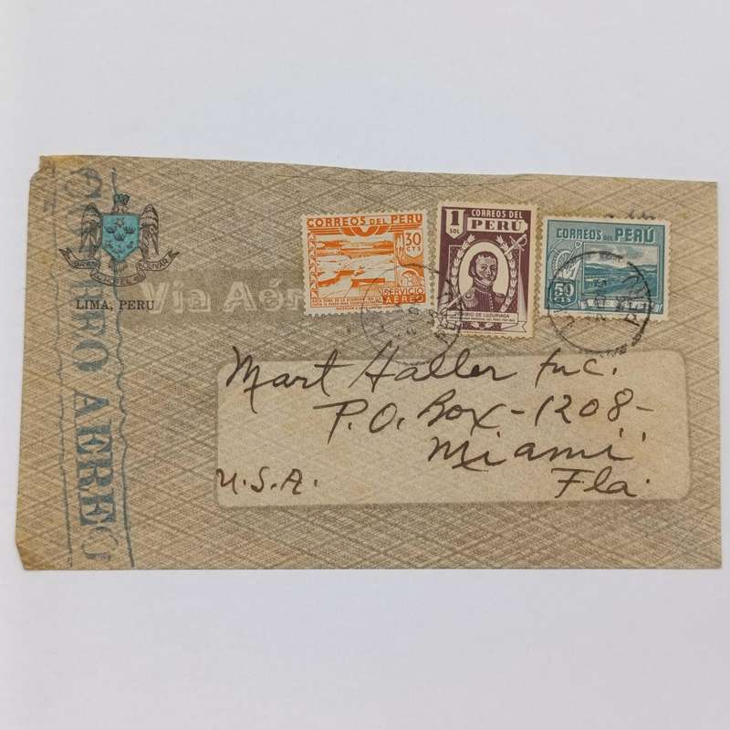 Peruvian airmail cover Peru to Miami, USA on Lima, Peru stationery with 3 colorful Peru stamps