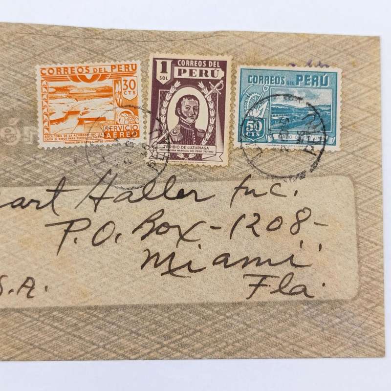 Peruvian airmail cover Peru to Miami, USA on Lima, Peru stationery with 3 colorful Peru stamps