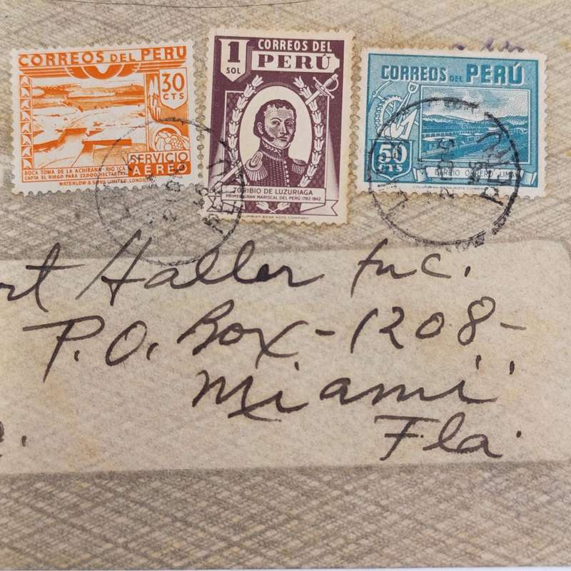 Peruvian airmail cover Peru to Miami, USA on Lima, Peru stationery with 3 colorful Peru stamps