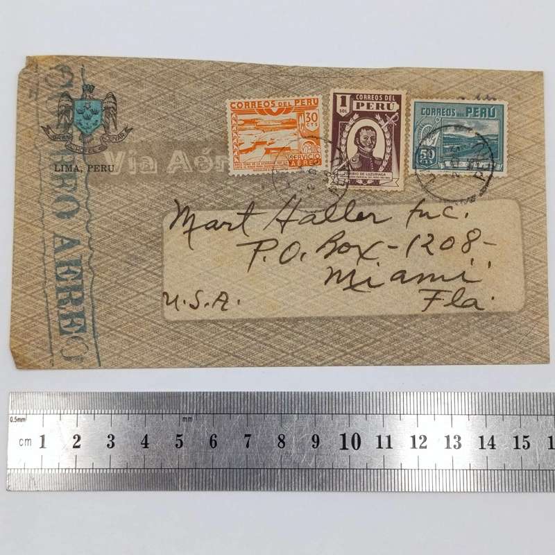 Peruvian airmail cover Peru to Miami, USA on Lima, Peru stationery with 3 colorful Peru stamps