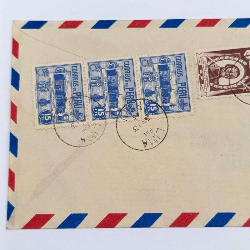 Peru airmail cover Lima, Peru to London, UK - 1946 La Cronica stationery and 5 Peru stamps