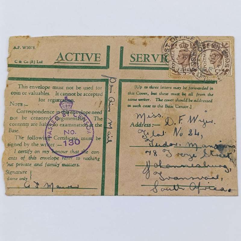 WW2 Letter with passed by censor 130 rubber stamp - sent in Active Service envelope