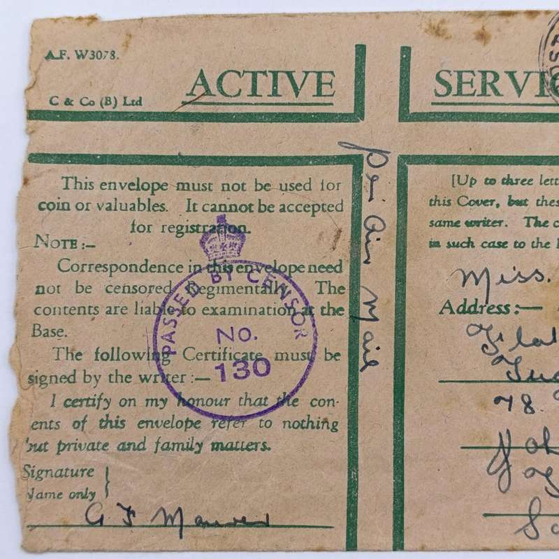 WW2 Letter with passed by censor 130 rubber stamp - sent in Active Service envelope