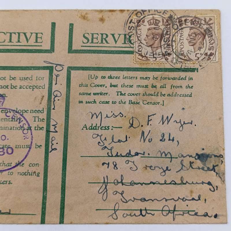 WW2 Letter with passed by censor 130 rubber stamp - sent in Active Service envelope