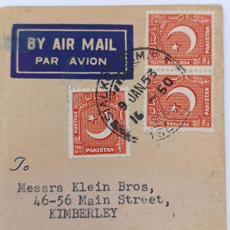 Pakistan Khiljee Sports Company advertising card specially for South Africa with 3 Pakistan stamps