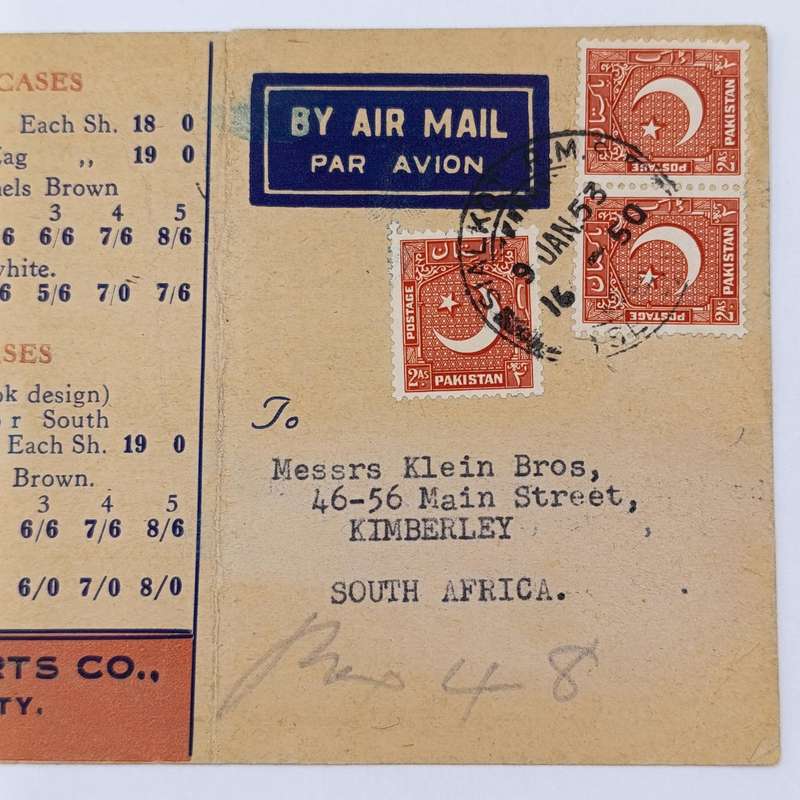 Pakistan Khiljee Sports Company advertising card specially for South Africa with 3 Pakistan stamps