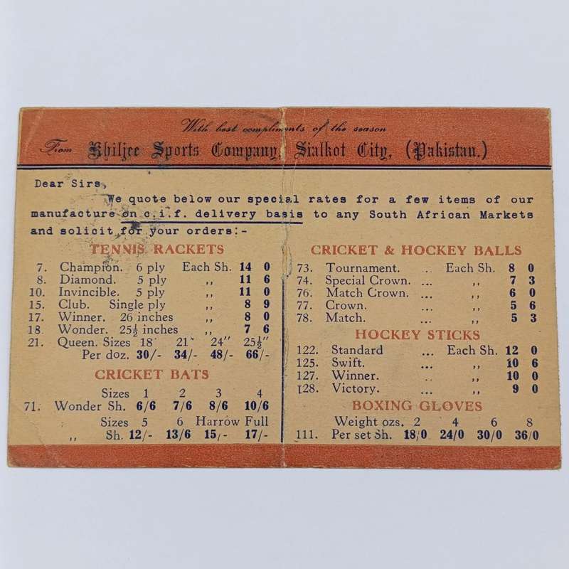 Pakistan Khiljee Sports Company advertising card specially for South Africa with 3 Pakistan stamps