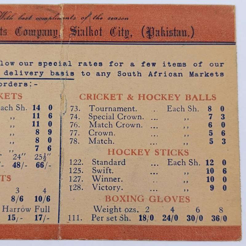 Pakistan Khiljee Sports Company advertising card specially for South Africa with 3 Pakistan stamps