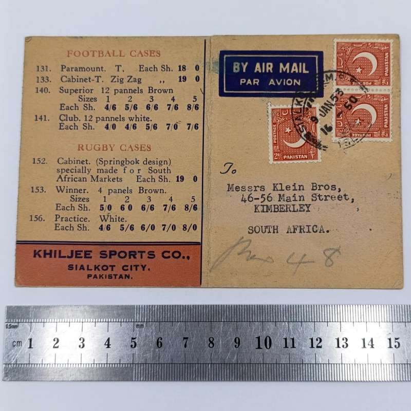Pakistan Khiljee Sports Company advertising card specially for South Africa with 3 Pakistan stamps