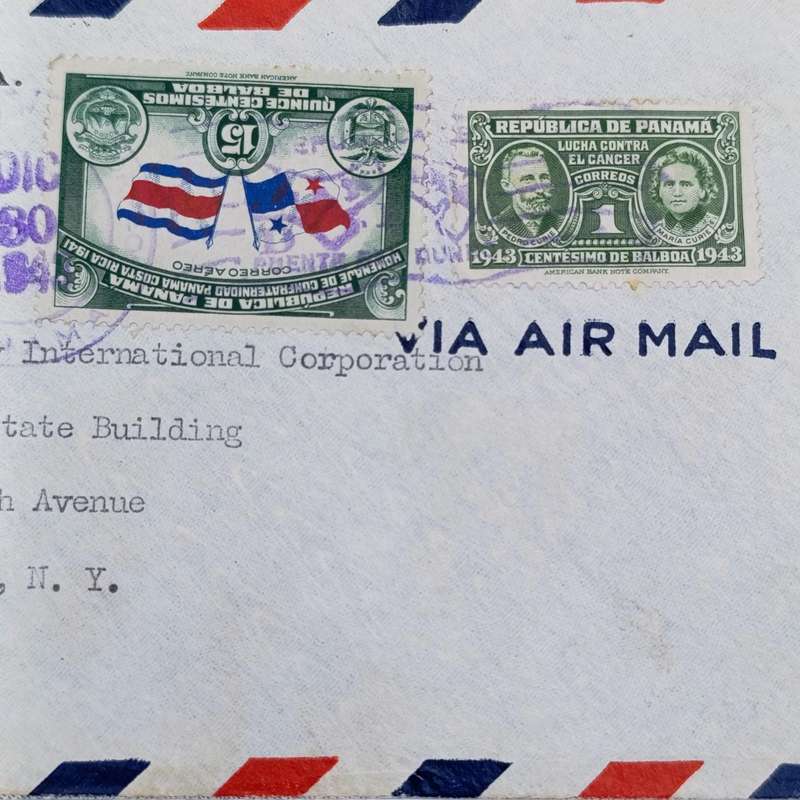 Airmail cover Panama to Empire State Building, New York - 2 panama stamps cancelled 1945 - examined