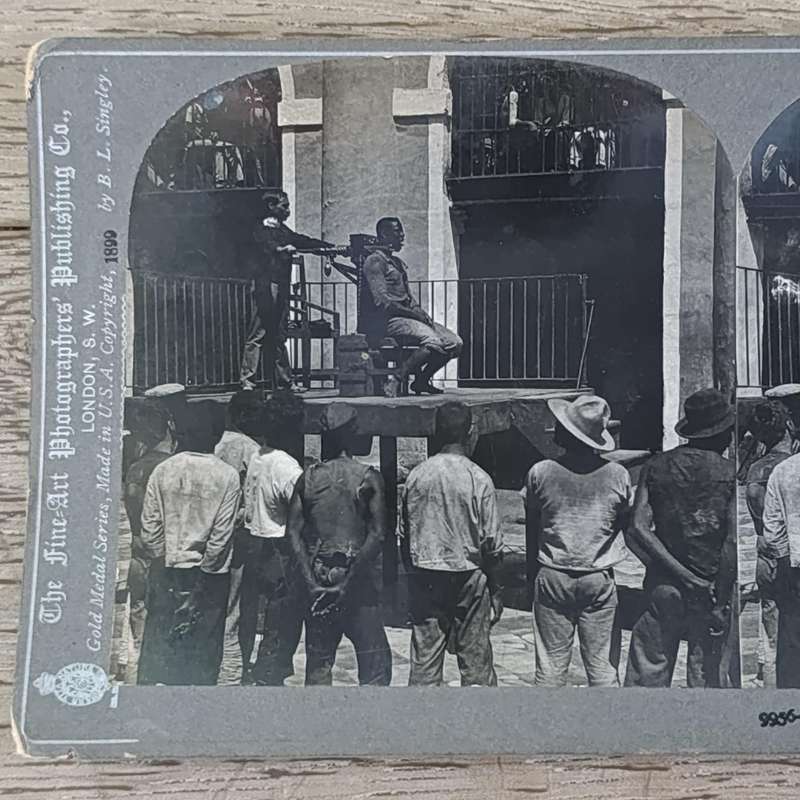 Antique stereoscope card #9956 Execution by the Garrote in the Yard of the City Prison, Havana, Cuba