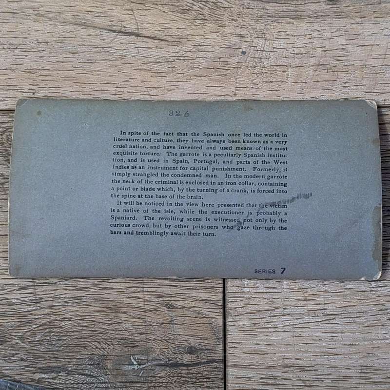 Antique stereoscope card #9956 Execution by the Garrote in the Yard of the City Prison, Havana, Cuba