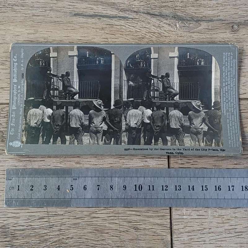 Antique stereoscope card #9956 Execution by the Garrote in the Yard of the City Prison, Havana, Cuba