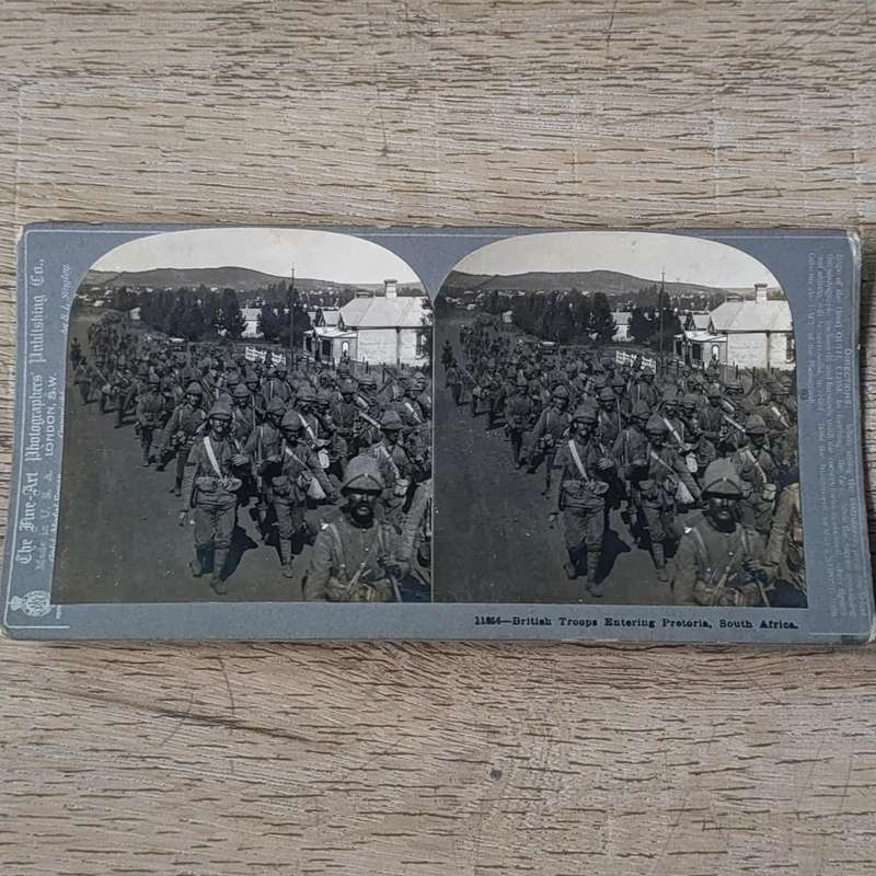 Boer War stereoscope card #11856 British troops entering Pretoria
