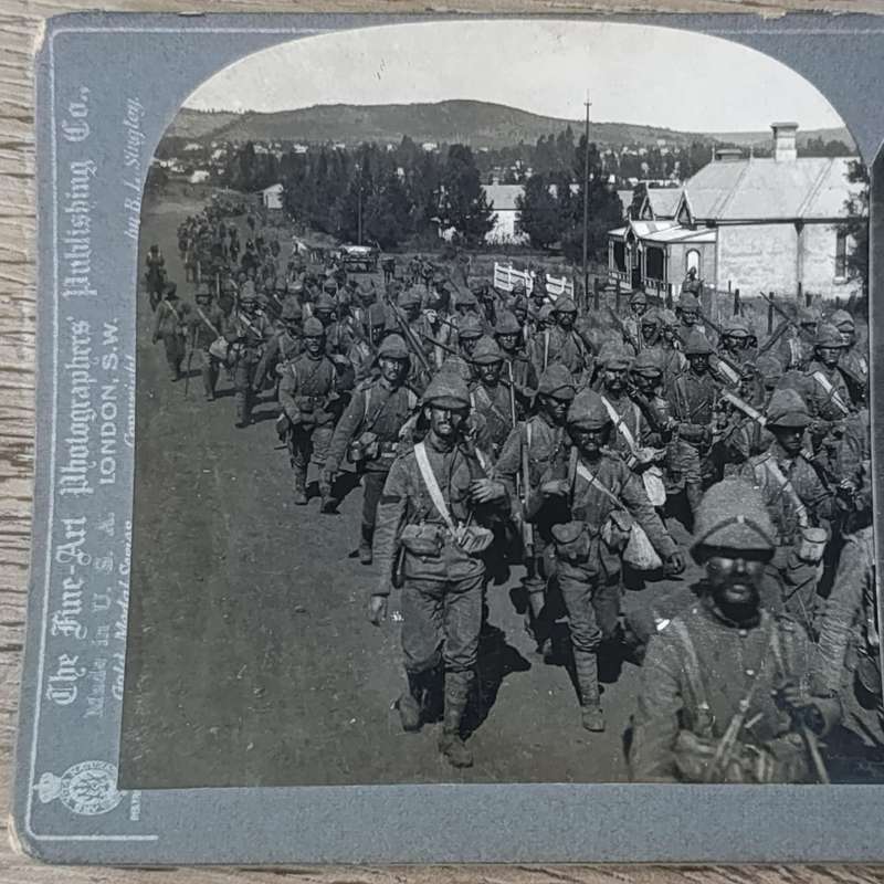 Boer War stereoscope card #11856 British troops entering Pretoria