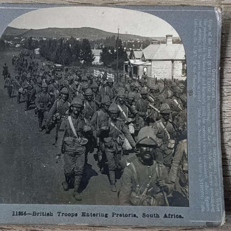 Boer War stereoscope card #11856 British troops entering Pretoria