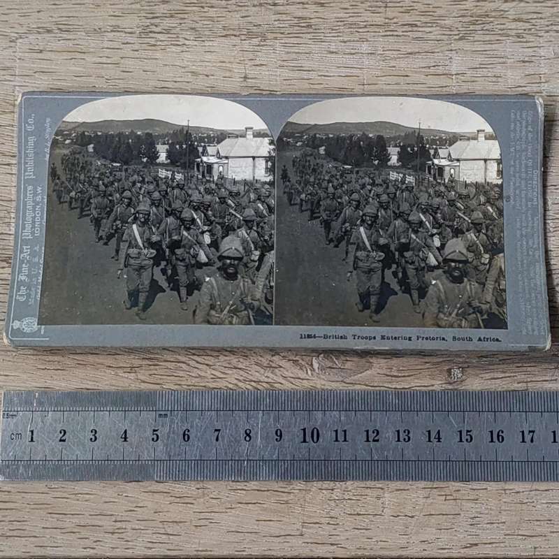 Boer War stereoscope card #11856 British troops entering Pretoria
