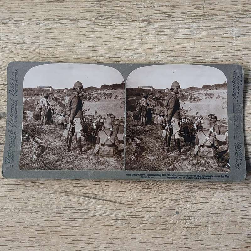Boer War stereoscope card - Gen. Pole-Carew commanding 11th  Division, watching troops and transport