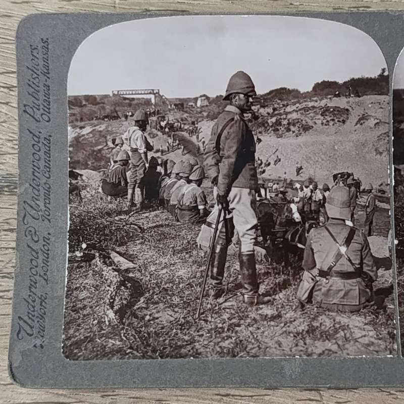 Boer War stereoscope card - Gen. Pole-Carew commanding 11th  Division, watching troops and transport