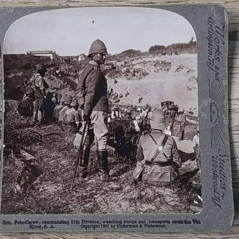 Boer War stereoscope card - Gen. Pole-Carew commanding 11th  Division, watching troops and transport
