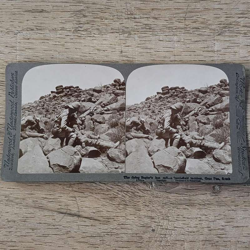 Boer War stereoscope card - The dying Bugler's last call - a Battlefield incident Gras Pan