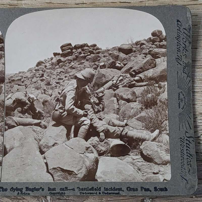 Boer War stereoscope card - The dying Bugler's last call - a Battlefield incident Gras Pan