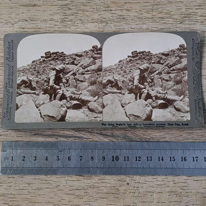 Boer War stereoscope card - The dying Bugler's last call - a Battlefield incident Gras Pan