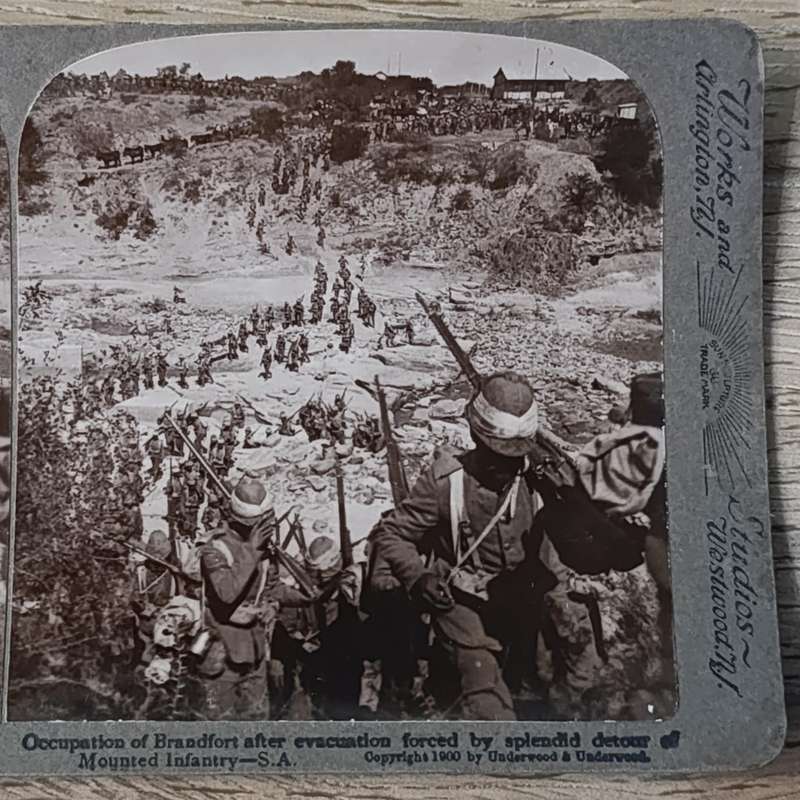 Boer War stereoscope card - Occupation of Brandfort after evacuation forced by splendid detour