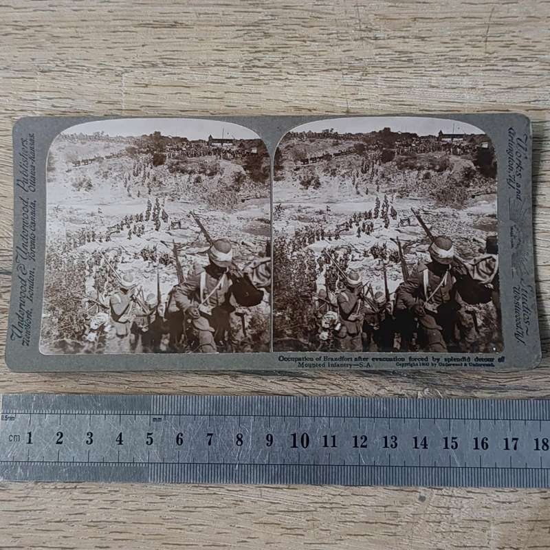 Boer War stereoscope card - Occupation of Brandfort after evacuation forced by splendid detour