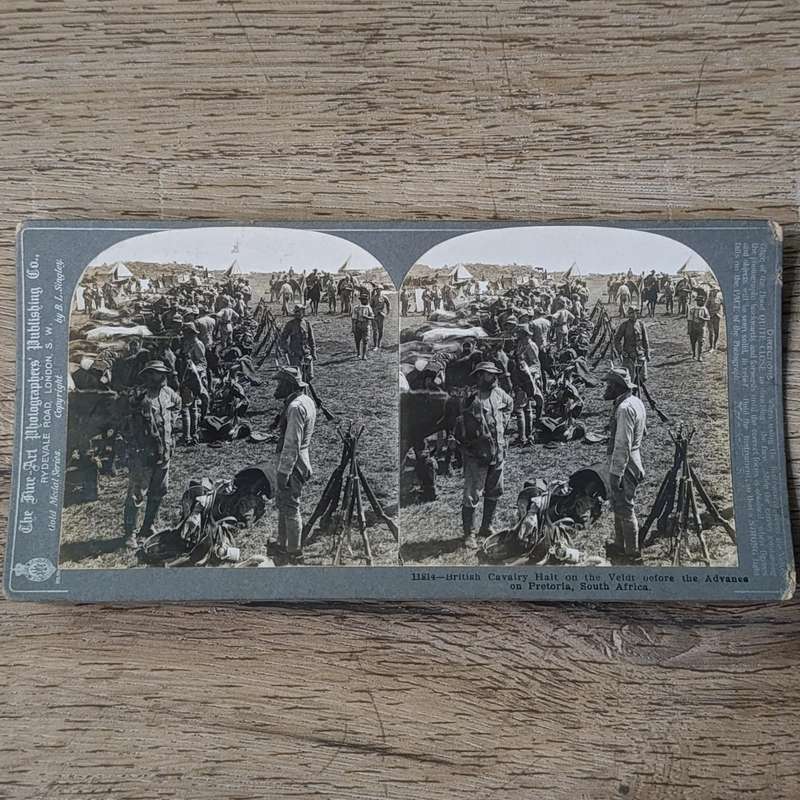 Boer War stereoscope card #11814 British Cavalry Halt on the veldt before the Advance on Pretoria