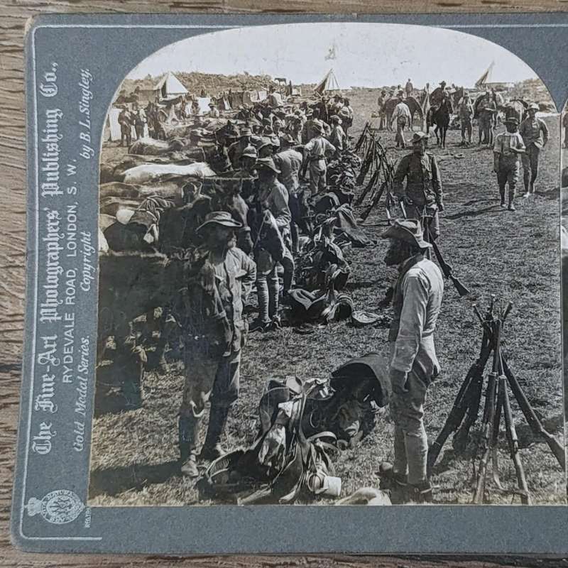 Boer War stereoscope card #11814 British Cavalry Halt on the veldt before the Advance on Pretoria