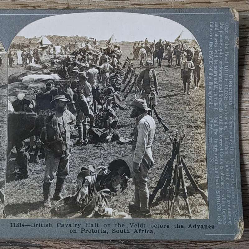 Boer War stereoscope card #11814 British Cavalry Halt on the veldt before the Advance on Pretoria