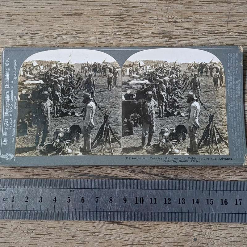 Boer War stereoscope card #11814 British Cavalry Halt on the veldt before the Advance on Pretoria