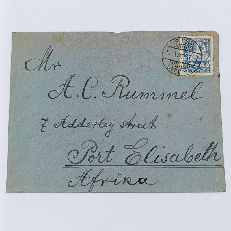 1931 Letter from Riga, Latvia to Port Elizabeth, South Africa with blue 30 Santimu stamp
