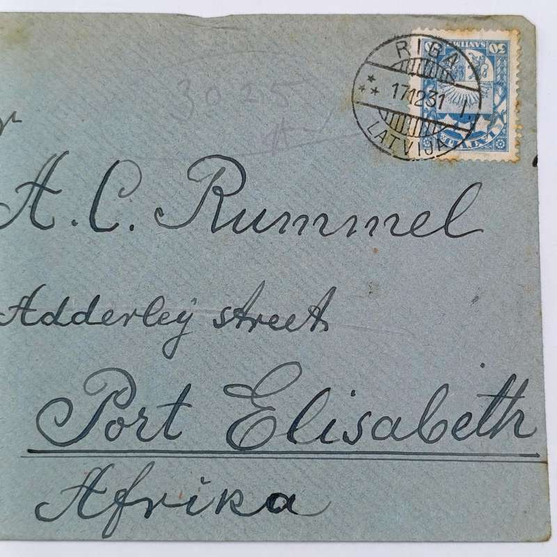 1931 Letter from Riga, Latvia to Port Elizabeth, South Africa with blue 30 Santimu stamp