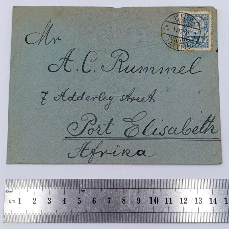 1931 Letter from Riga, Latvia to Port Elizabeth, South Africa with blue 30 Santimu stamp