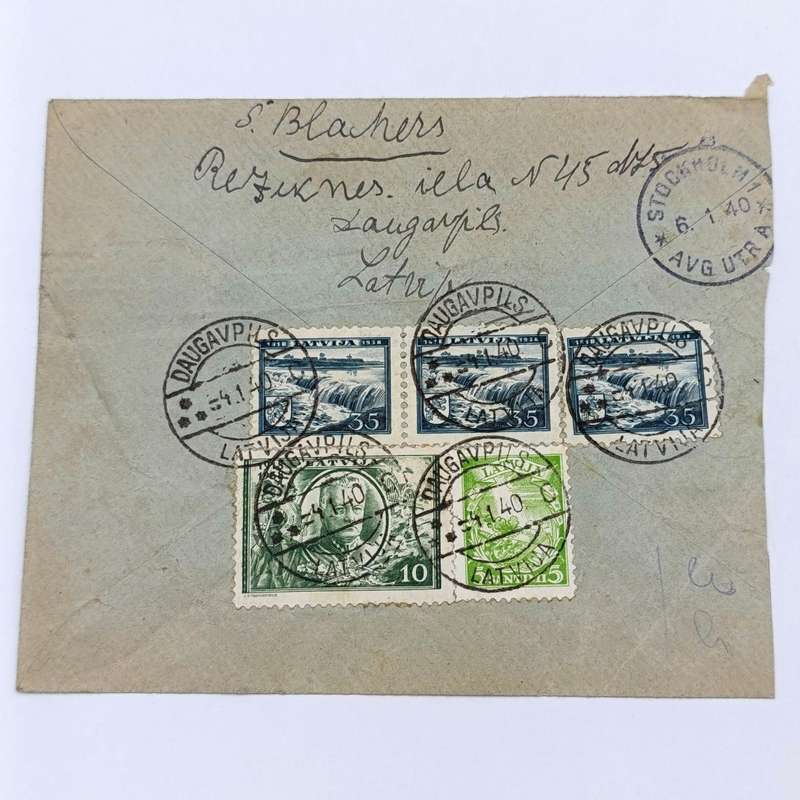 Wartime Latvian Airmail to South Africa - with 5 Latvian stamps cancelled 1940 - sent via Sweden