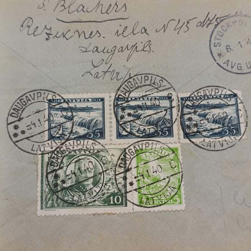 Wartime Latvian Airmail to South Africa - with 5 Latvian stamps cancelled 1940 - sent via Sweden