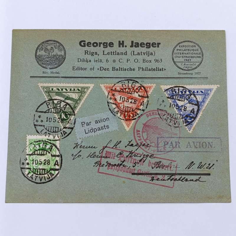 Airmail cover Riga, LATVIA to Berlin, Germany with 4 stamps cancelled 10-5-1928 various cachets