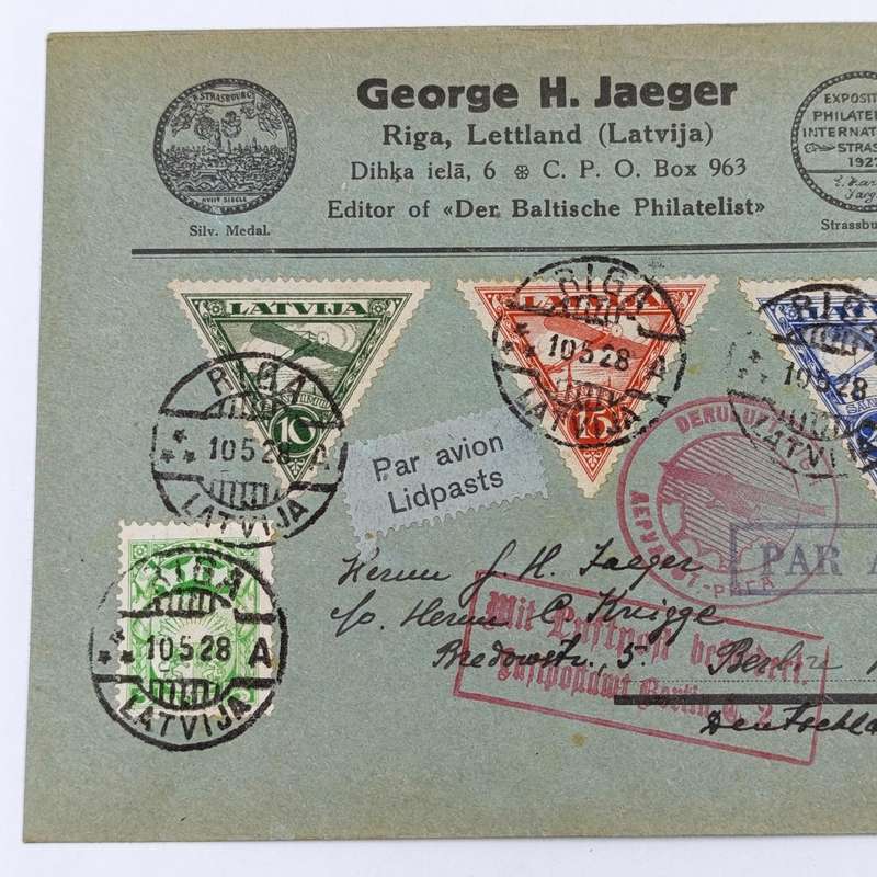 Airmail cover Riga, LATVIA to Berlin, Germany with 4 stamps cancelled 10-5-1928 various cachets