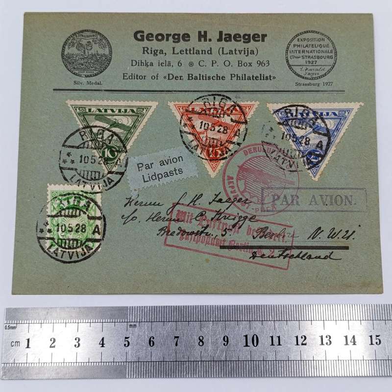 Airmail cover Riga, LATVIA to Berlin, Germany with 4 stamps cancelled 10-5-1928 various cachets
