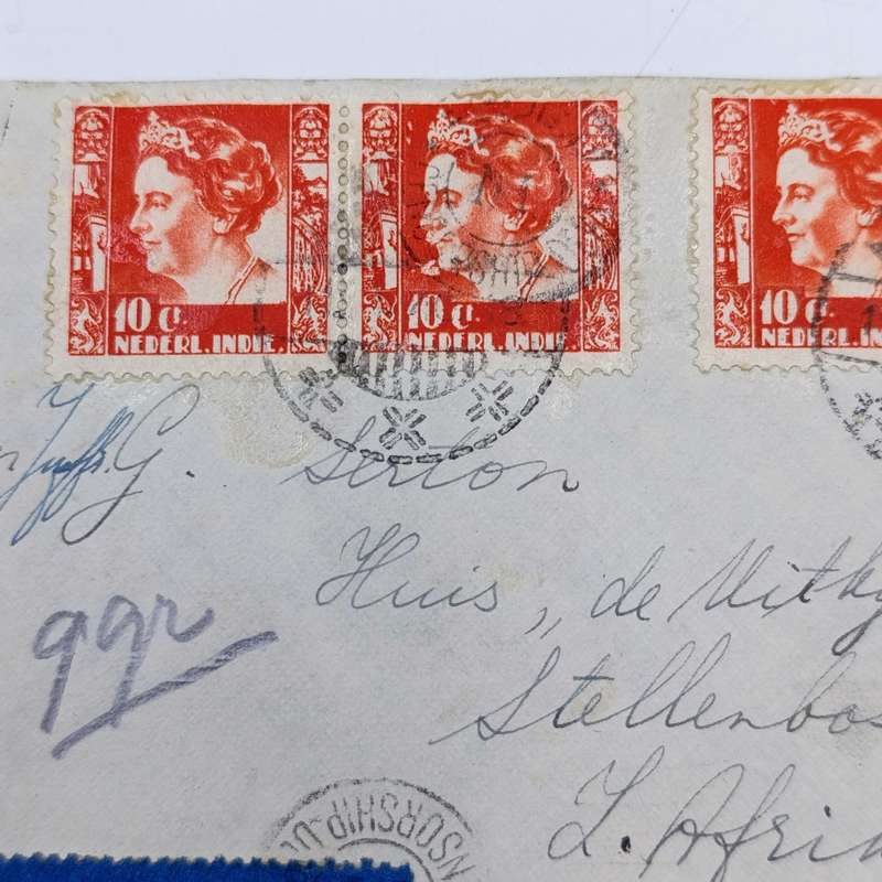 WW2 censored Airmail cover Java to Stellenbosch, South Africa with 4 Netherland India stamps