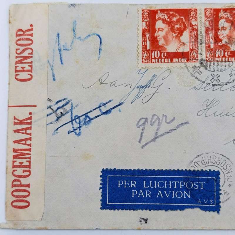 WW2 censored Airmail cover Java to Stellenbosch, South Africa with 4 Netherland India stamps