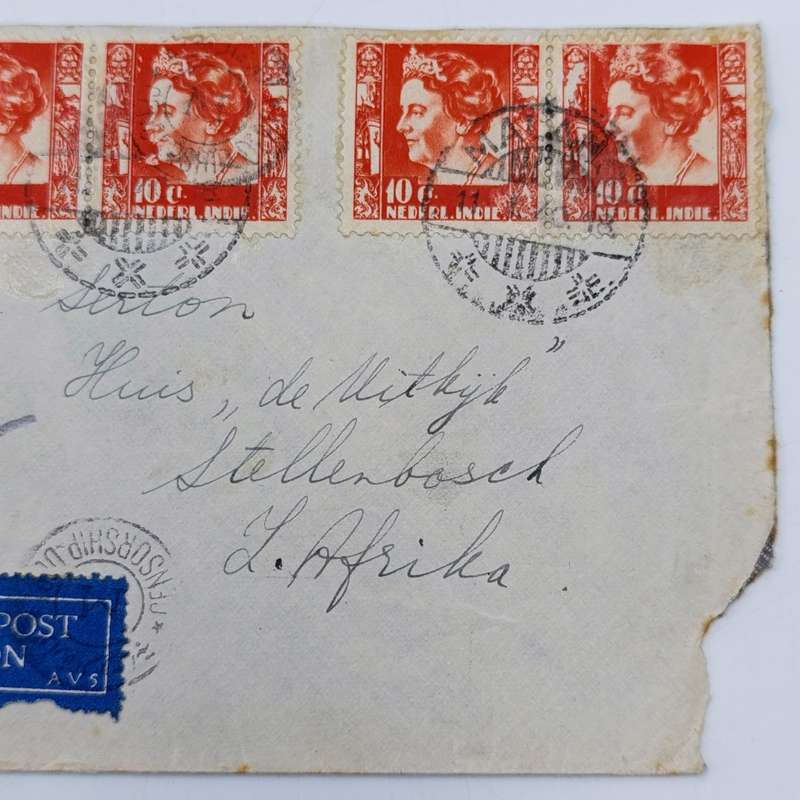 WW2 censored Airmail cover Java to Stellenbosch, South Africa with 4 Netherland India stamps