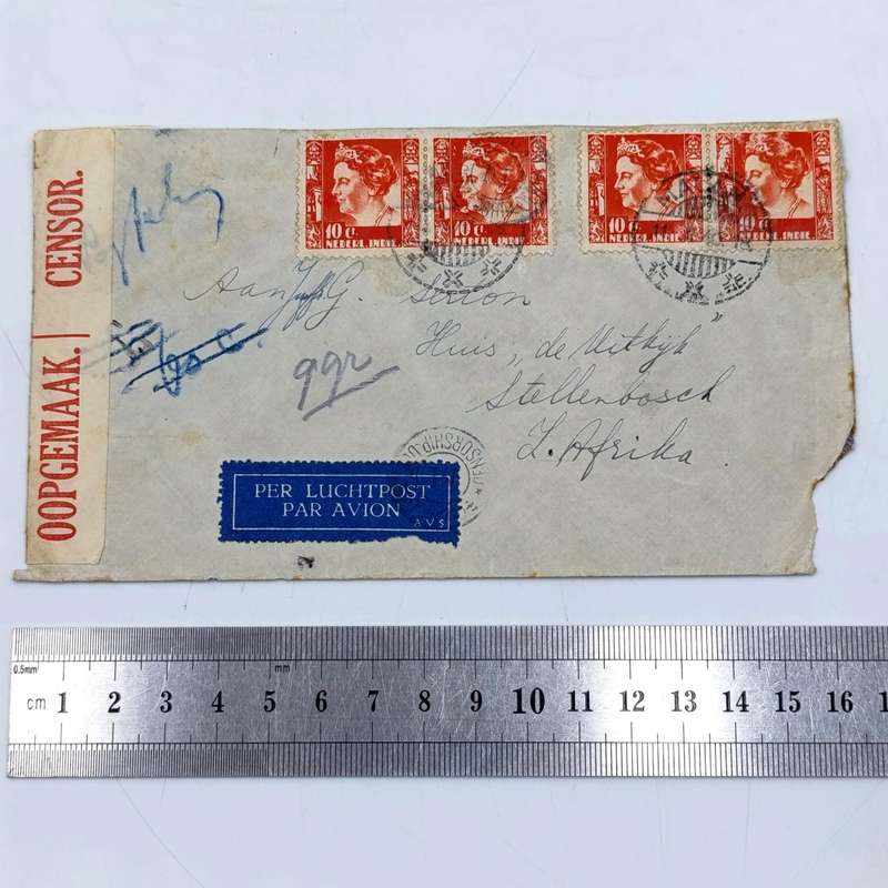 WW2 censored Airmail cover Java to Stellenbosch, South Africa with 4 Netherland India stamps
